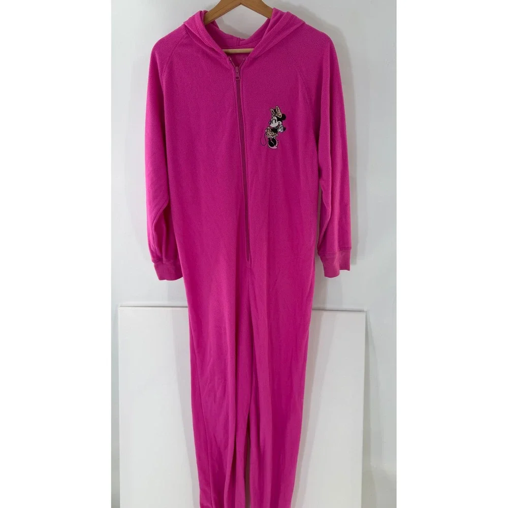 Disney Minnie Mouse Pink Fleece Hooded One Piece Pajamas Union Suit Leopard L - Picture 2 of 9